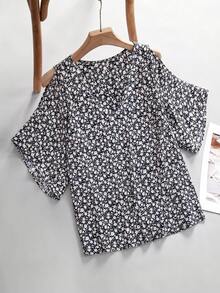 SHEIN Clasi 女款夏季花卉露肩上衣，優雅度假與派對穿搭 - 藏蓝色 - 查看 8