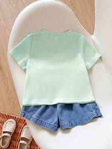 SHEIN Playful Pals 女童返校休閒可愛圓領標準肩寬彩色波點彩虹印花T恤與純色牛仔裙套裝，夏季 - 藍色 - 查看 3