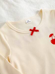 SHEIN Genkimix Kids 女童櫻桃圖案蝴蝶結裝飾長袖上衣與長褲休閒居家睡衣套裝 - 淺藍色 - 查看 9