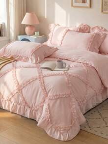 3pcs Korean Style Ruffled Bedding Set, White & Pink Duvet Cover Queen Size - Super Soft Duvet Cover Series - Lightweight, Breathable Bedding (Queen, White) - Baby Pink - View 4