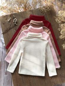 SHEIN Emery Rose Kids 女童少女 4件組 高領羅紋針織休閒T恤，高領疊層T恤，秋季服飾，適合日常休閒穿著 - 酒紅色 - 查看 2
