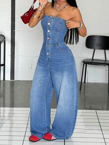 Jeanoix Women's Denim Bandeau Wide Leg/Curved Leg Jumpsuit - Blue - View 5