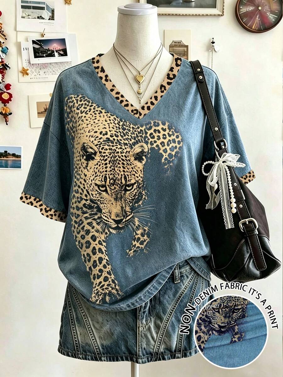 Lalippa 女款夏季戶外豹紋印花牛仔效果V領T恤 - 彩色 - 查看 1