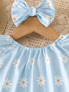 SHEIN Vintaside Kids 新生兒甜美雛菊荷葉袖連身褲與髮帶夏季款 - 淺藍色 - 查看 8