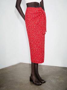 SHEIN x Tata & Beatriz Lumivelle 女款優雅深咖啡色高腰開衩綁帶抓褶不對稱緊身連身裙，度假穿搭 - 酒紅色 - 查看 4