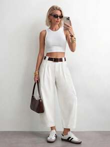 SHEIN PETITE Women's Solid Color Pleated Casual Versatile Daily Travel Long Pants - White - View 6