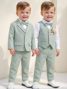 SHEIN 3pcs/Set Young Boy's Green Suit Jacket,Vest And Trousers Set,Traditional Gentleman Style Outfit For Wedding,Birthday Party,Performance,Christening - Mint Green - View 1
