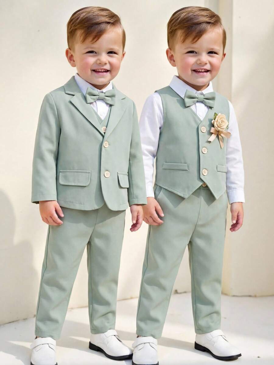 SHEIN 3pcs/Set Young Boy's Green Suit Jacket,Vest And Trousers Set,Traditional Gentleman Style Outfit For Wedding,Birthday Party,Performance,Christening - Mint Green - View 1