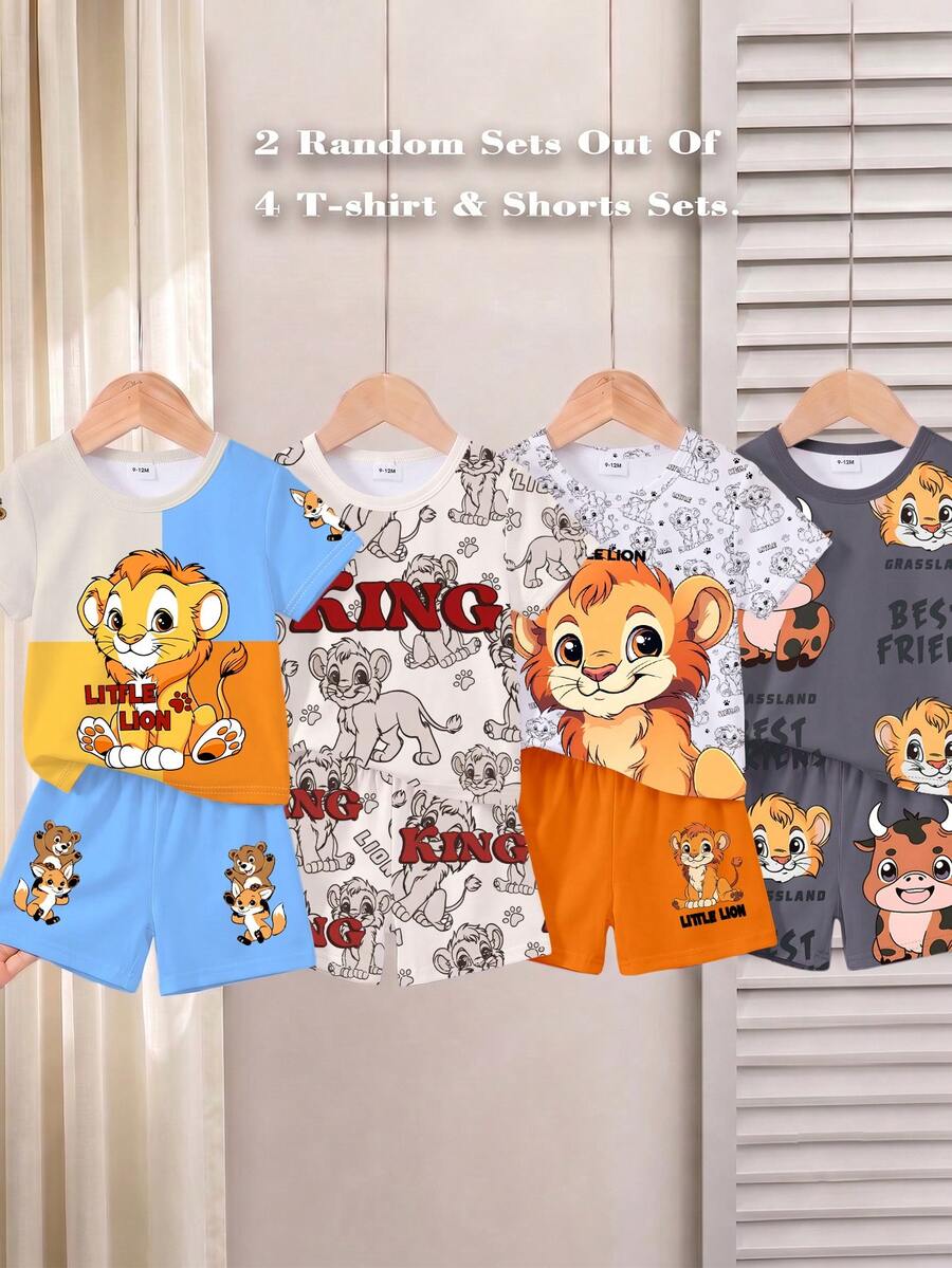 Random 4 Sets Get 2 Set,Cute Animal Pattern, Letter Pattern Printed Crew Neck T-Shirt Matched With Same Print Shorts - Multicolor - View 1