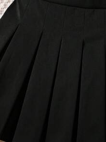 少女時尚百搭編織素色百褶修身休閒裙 - 黑色 - 查看 5