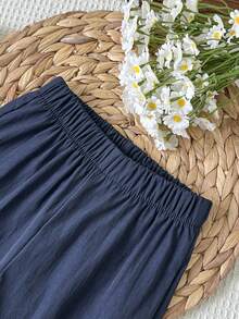 SHEIN Vintaside Kids 女童純色背心上衣與長褲兩件套，休閒度假穿搭 - 藍色 - 查看 5