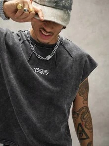 PAVTROS Men's Letter Embroidered Crew Neck Casual Versatile Tank Top - Black - View 6