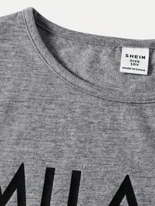 SHEIN 青少年女孩休閒灰色圓領字母印花抓皺長袖修身針織T恤與修身喇叭褲套裝 - 灰色 - 查看 7
