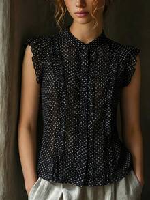 SHEIN Damen Polka-Dot einreihige Rüschen Mode Bluse - Schwarz - Übersicht 1