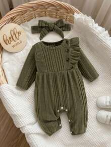 SHEIN Vintaside Kids 嬰兒純色荷葉邊連身衣附髮帶（新生兒） - 綠色 - 查看 3