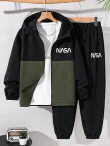 SHEIN Kids 2pcs Tween Boy Casual Sports Pattern Colorblock Hoodie Jacket & Pants Set, Suitable For , School, Daily Casual, Vacation, Sports, Autumn/Winter - Army Green - View 8