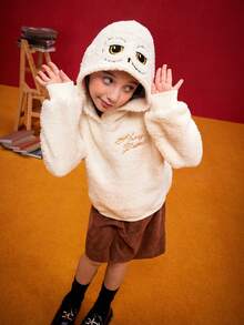 HARRY POTTER X SHEIN 少女猫头鹰刺绣字母印花舒适抓绒卫衣，休闲保暖，秋冬季，Hedwig - 白色 - 查看 5