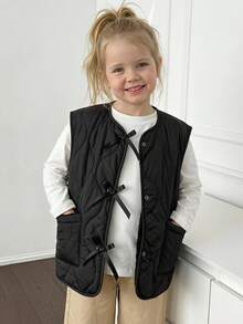 DAZY Young Girl Solid Color Bowknot Decor Zipper Casual Versatile Winter Cotton Padded Vest Fall - Black - View 3