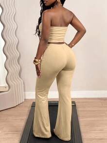 BamGleam Women's Denim Ruched Bandeau Top And Long Pants Casual Athleisure Daily Workout Active 2 Pieces Set Workout Active Tan Summer Tan - Khaki - View 2