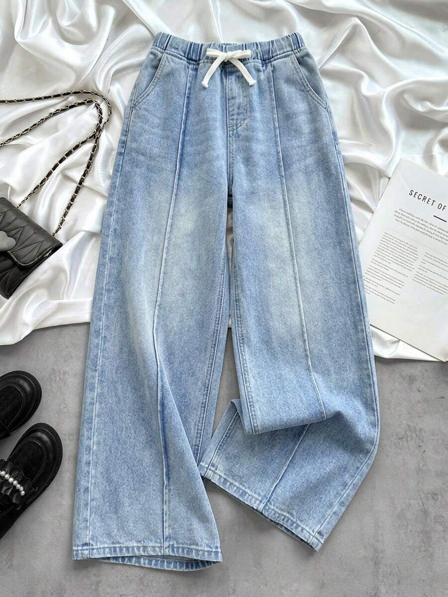 SHEIN 青少年女孩休閒水洗直筒牛仔褲 - 淺色水洗藍 - 查看 1