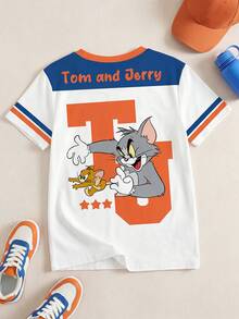 TOM & JERRY X SHEIN 男童休闲圆领卡通字母印花短袖T恤，百搭日常穿着 - 白色 - 查看 1