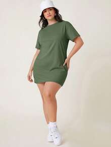 SHEIN BASICS 大尺碼女款短袖純色T恤洋裝 夏季女裝 夏日穿搭 - 軍綠色 - 查看 5