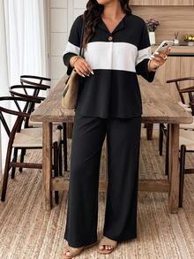 Weeklong Plus Size Women's Autumn/Winter Colorblock Ribbed Knit Casual Set - Black and White - View 4