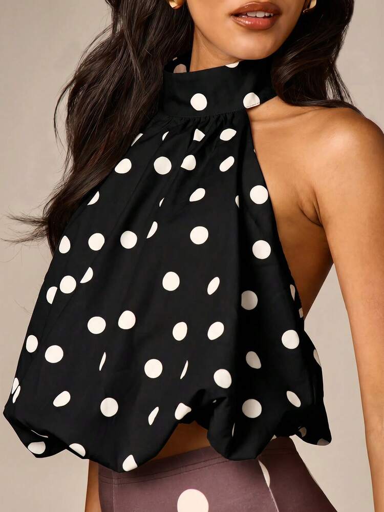 AiiRZ Polka Dot Halter Neck Crop Top With Bubble Hem And Open Back Flowy Silhouette Summer Party - Black and White - View 2