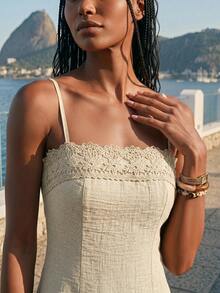 CAJUNI Vacation Casual Lace Patchwork Spaghetti Strap Dress - Khaki - View 1