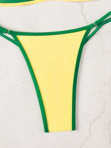 Sirith Bonvoyette Summer Beach Deep V Contrast Color Brazilian Element Sexy Bikini Swimwear Set - Green - View 6