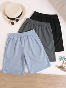 SHEIN 3pcs Kids Tween Boy Casual Patchwork Reflective Webbing Shorts Black Grey Blue 3pcs Set Pants Sports Home - Multicolor - View 3