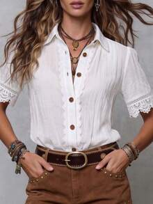 Solivie Women's Elegant French White Short Sleeve Shirt, Summer Office Work Casual Boho Lace Trim Button Down Blouse, Retro Single-Breasted Versatile Top - White - View 9