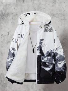 Vacaura 青少年男童休闲时尚黑白灰雪花字母数码印花连帽保暖外套，宽松版型，舒适百搭，适合秋季、春季、冬季日常穿着、通勤、户外、运动、上学、街头风、派对、摄影等场合。 - 彩色 - 查看 1