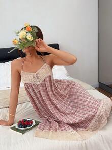 Napfluff 女款舒適可愛蕾絲拼接格紋細肩帶睡裙，粉色夏季復古仙氣居家睡衣 - 彩色 - 查看 3