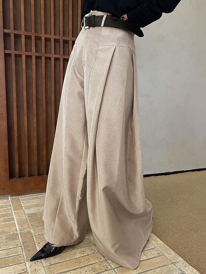 DAZY Autumn New Casual High Waist Loose Pleated Solid Color Wide Leg Women's Dress Pants