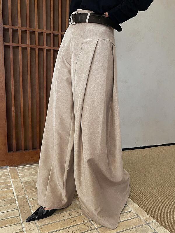 DAZY Autumn New Casual High Waist Loose Pleated Solid Color Wide Leg Women's Dress Pants