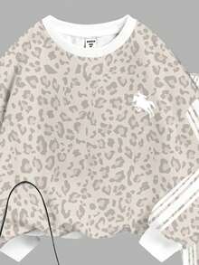 Fleece Lined! Vintage Sweet Light Color Leopard Print, White Knight Horse Sports Style Striped Print, Young Girl Casual Minimalist Loose Crew Neck Long Sleeve Sweatshirt And Flare Pants 2 Pieces Set Suitable For Autumn/Winter, Street Vintage Style, Easy And Comfortable, Children's Autumn Layering, Y2K, Sports Set - White - View 4
