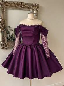 Lovelzi Plus Size Dark Purple Elegant Cold Shoulder French Lace Patchwork Long Sleeve Bustier A-Line Short Dress Party Dinner Evening Fall New Year - Burgundy - View 2