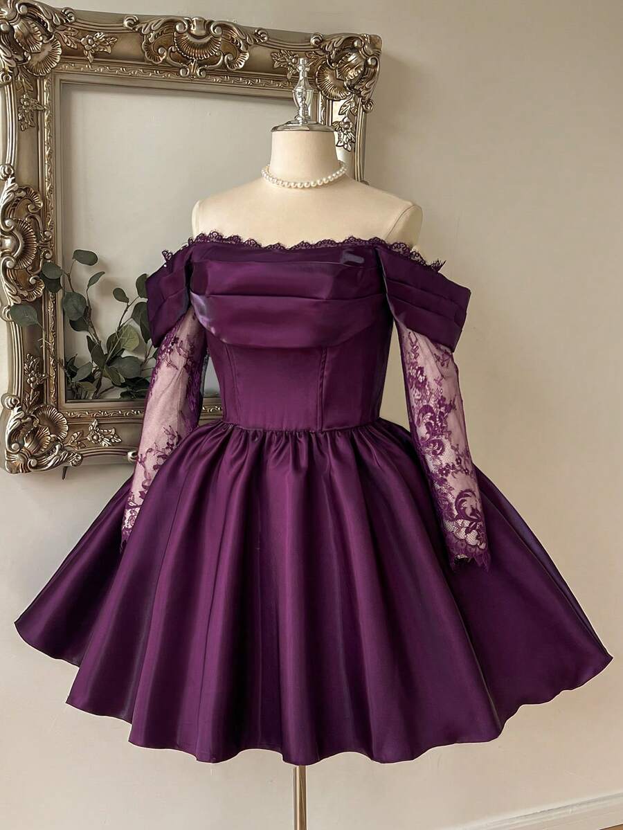 Lovelzi Plus Size Dark Purple Elegant Cold Shoulder French Lace Patchwork Long Sleeve Bustier A-Line Short Dress Party Dinner Evening Fall New Year