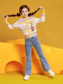 TOM & JERRY X SHEIN Tween Girl Cartoon Animal Stripe Print Round Neck Cardigan - Multicolor - View 11