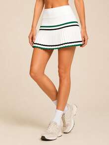 SHEIN BAE Women's Striped Pleated Casual Fitness Sports Skirt Shorts - Army Green - View 2