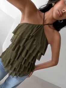 Aloruh Atasan Wanita Elegan Romantis Model Halter Neck dengan Ruffle Berlapis-lapis Warna Hijau Army untuk Liburan Pantai dan Kencan. - Hijau Tentara - View 4