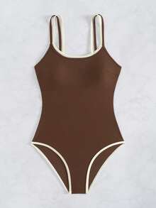 Swim Basics Women's Colorblock One-Piece Swimsuit, Suitable For Beach Vacation, Pool Party, Beach Party - 棕色 - 查看 5
