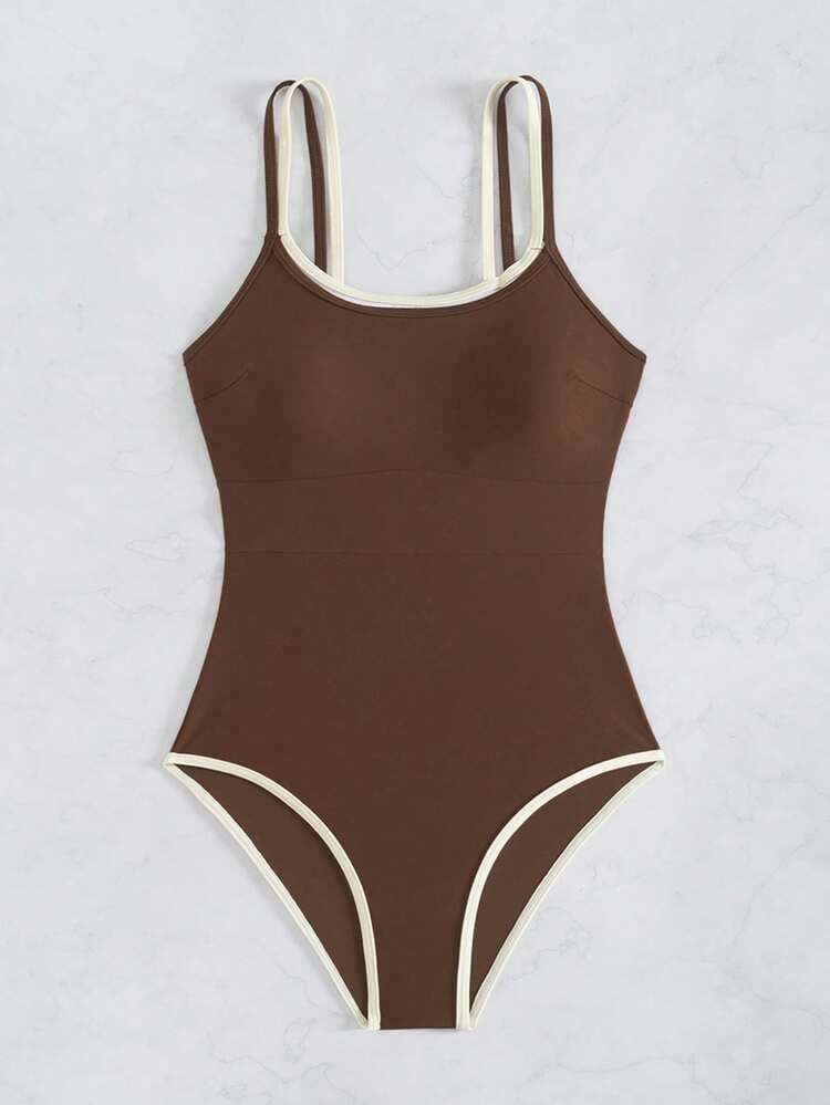 Swim Basics Traje de baño de una pieza con bloques de color para mujer, adecuado para vacaciones en la playa, fiesta en la piscina, fiesta en la playa - Marrón - Añade 5