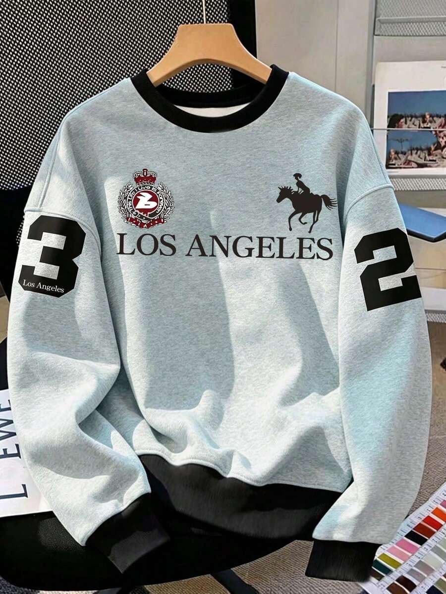 (1件) 男童時尚簡約休閒 Pony Los Angeles Badge 23 灰黑拼接圖案基本款圓領衛衣 秋季 - 彩色 - 查看 1