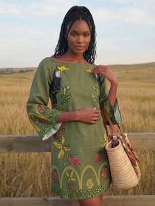 CAJUNI 女款花卉刺繡圖案休閒派對與旅行洋裝 - 橄欖綠 - 查看 6