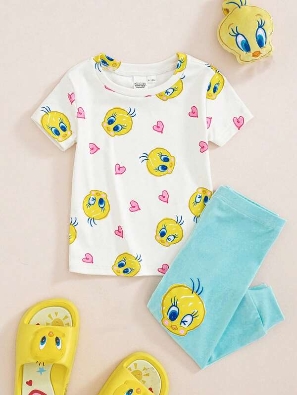 LOONEY TUNES X SHEIN Conjunto de top y leggings con estampado de dibujos animados para bebé niña, ropa de estar en casa ajustada