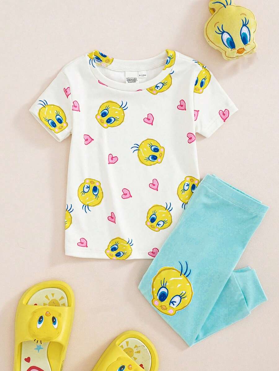 LOONEY TUNES X SHEIN Baby Girl Cartoon Print Top & Leggings Snug Fit Loungewear - Yellow - View 1