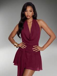 Normani Gaun Mini Seksi Wanita Warna Polos dengan Tali Leher untuk Kencan - Burgundy - View 3
