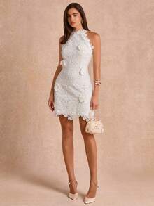 Enchnt Premium Summer Romantic Women's Elegant White Short Lace Floral Elegant Dress,Graduation Dress,Wedding Dress,Vacation Dress,Festival Outfits - White - View 6